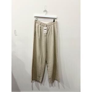 Massimo Dutti Linen High Rise Pleated Wide Leg Trouser Pants Tan Women's Size 6